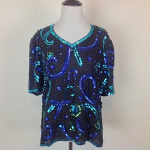 Vtg Mark & John Silk Sequined Beaded Top Womens M
